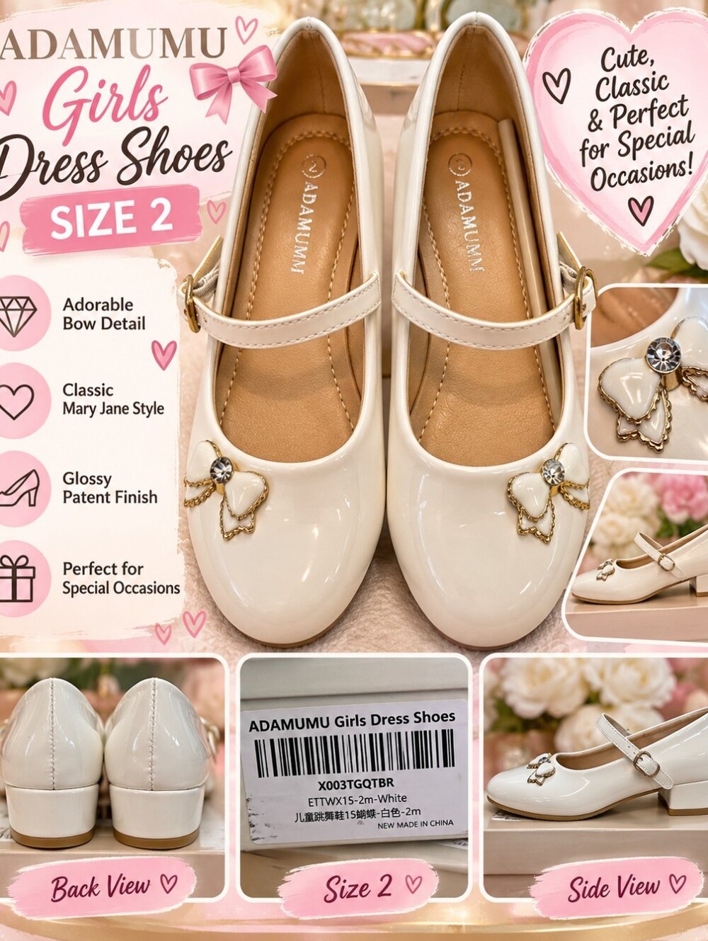 ADAMUMU Girls White Patent Mary Jane Dress Shoes Size 2 Bow Rhinestone